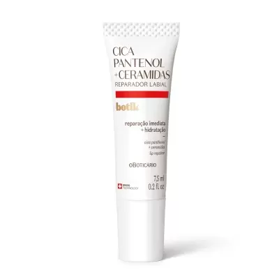 Tubo pequeno branco de creme reparador labial da marca oBoticário com texto informativo