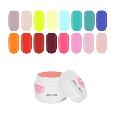 Frasco branco de gel para unhas com tampa decorada e amostras coloridas de gel em várias cores