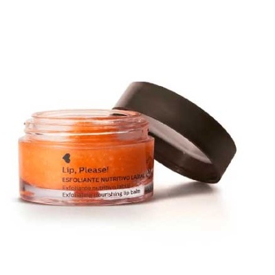Bálsamo esfoliante nutritivo para lábios em pote laranja com tampa preta