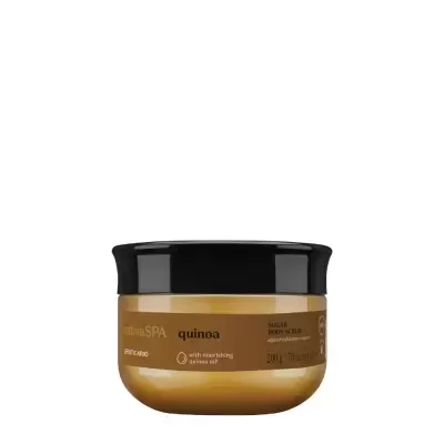 Frasco dourado de creme esfoliante para corpo Oliva SPA quinoa com tampa preta