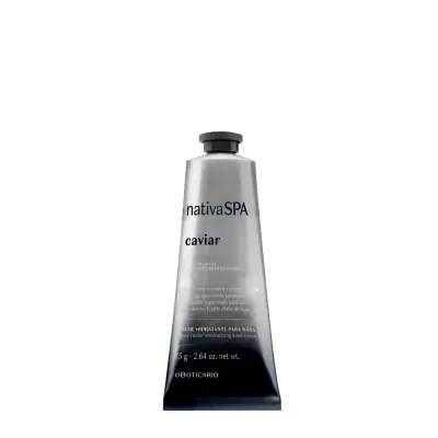 Frasco metálico prateado e preto de creme hidratante para mãos nativa SPA caviar de O BOTICÁRIO