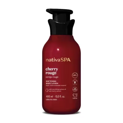 Frasco vermelho de loção corporal nativa SPA cherry rouge com tampa preta