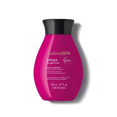 Frasco plástico rosa com tampa preta do óleo corporal hidratante nativaSPA pitaya