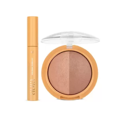 Máscara de pestanas amarela e pó compacto castanho dourado com tampa transparente