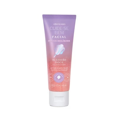 Gel hidratante facial em tubo lilás e rosa com texto branco e lilás