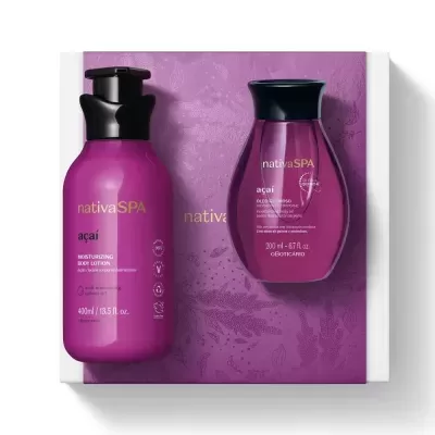 Conjunto de produtos Nativa SPA açaí do Boticário com moisturizing body lotion 400 ml e óleo hidratante corporal 200 ml em frascos roxos