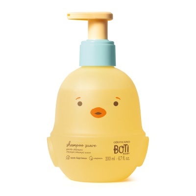 Frasco em forma de pato amarelo com tampa de bomba azul e amarela