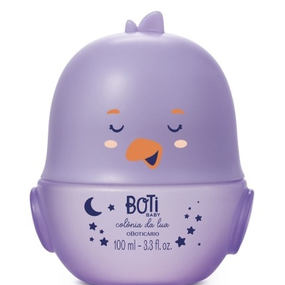 Colónia para bebé embalagem lilás em forma de pássaro com texto e desenhos