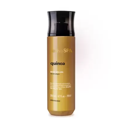Frasco dourado de body splash quinoa com tampa preta