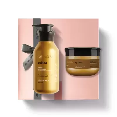Conjunto de cuidados corporais Nativa SPA quinoa da marca O Boticário com loção firmadora e esfoliante corporal em embalagem rosa.