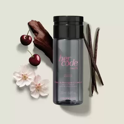 Frasco de óleo de massagem corporal Her Code Touch com elementos naturais