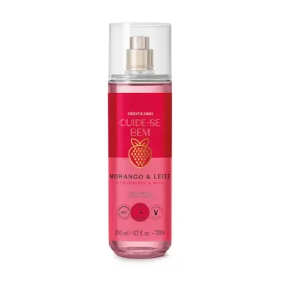 Frasco spray de body splash Morango & Leite da marca O Boticário com rótulo vermelho e rosa.