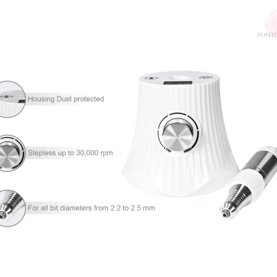 Máquina elétrica para manicure com controle e punho, texto explicativo em fundo branco.