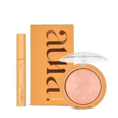 Conjunto de maquilhagem Aura Helena Coelho com blush e embalagem mostarda