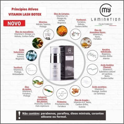 Produto My Lamination Vitamin Lash Botox com lista de princípios ativos e ingredientes destacados
