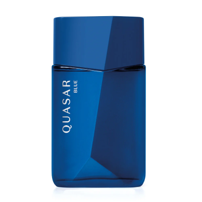 Frasco de perfume azul Quasar Blue com tampa azul em fundo branco.
