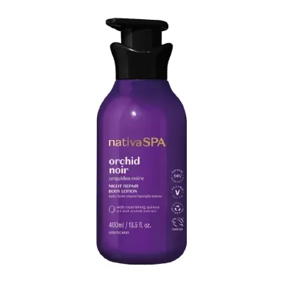 Frasco roxo de loção corporal nativaSPA orchid noir com tampa preta e texto em branco e amarelo