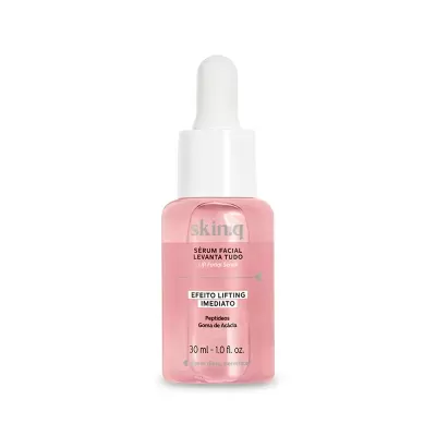 Frasco de sérum facial rosa com conta-gotas branco e texto no rótulo