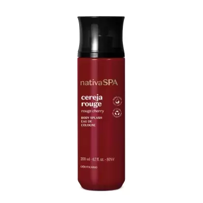 Frasco vermelho de body splash nativaSPA cereja rouge com tampa preta