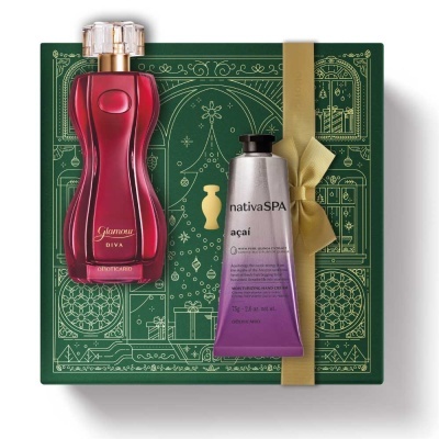 Conjunto de presente com perfume vermelho e creme para as mãos em caixa verde decorada.