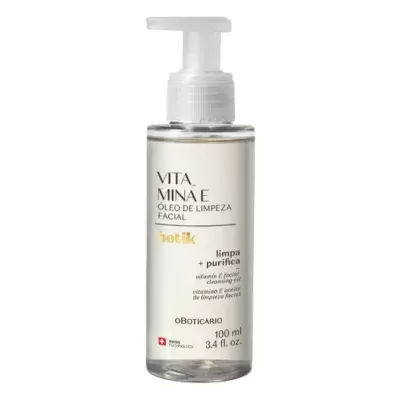 Frasco de óleo de limpeza facial Vitamina E oBoticário com doseador branco