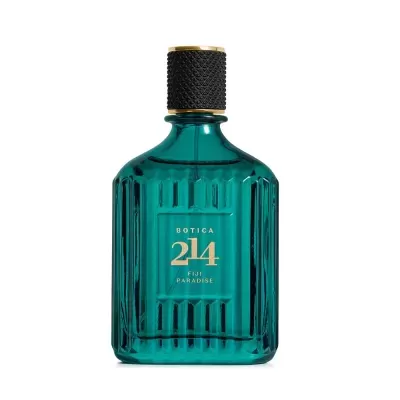 Frasco de perfume BOTICA 214 FIJI PARADISE azul-turquesa com tampa preta texturizada e detalhes dourados