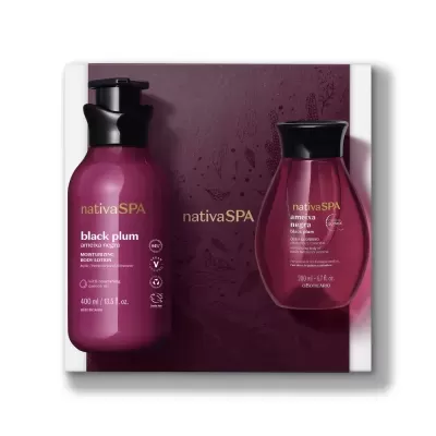 Conjunto de produtos nativaSPA black plum em embalagens roxo escuro e preto