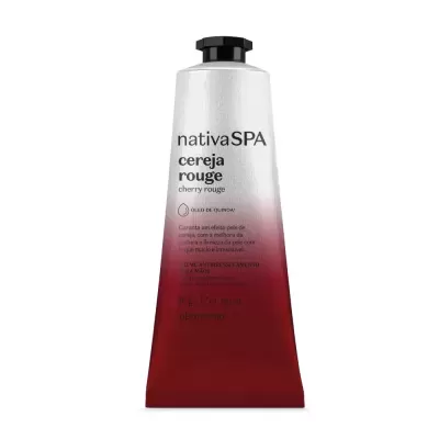 Bisnaga de produto nativaSPA cereja rouge em degradê branco para vermelho com tampa preta
