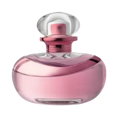 Frasco de perfume rosa transparente com tampa arredondada