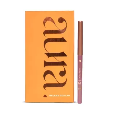 Caixa laranja com lápis rosa e castanho de maquilhagem Aura Helena Coelho