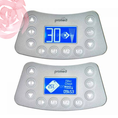 Painel de controlo eletrónico cinzento com ecrã digital azul da marca proméd
