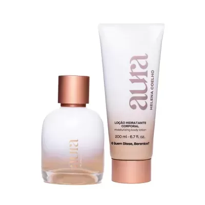 Frasco de perfume e tubo de loção hidratante Aura Helena Coelho