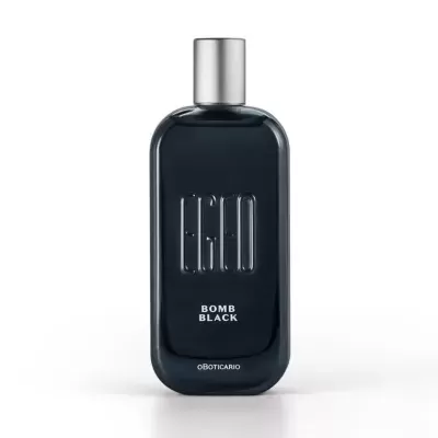 Frasco de perfume EGO BOMB BLACK em vidro preto fosco com tampa prateada