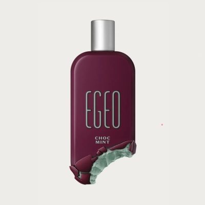 Frasco roxo com tampa prateada e texto EGEO CHOC MINT com pedaços de chocolate e menta