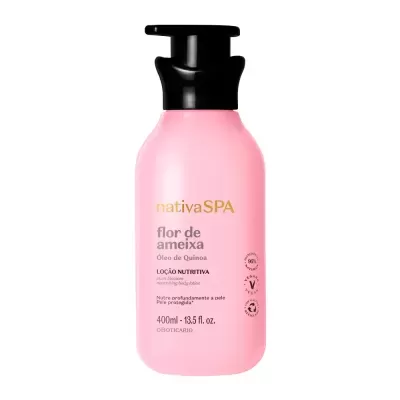 Frasco rosa de loção nutritiva Nativa SPA com tampa pump preta