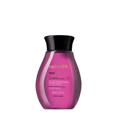 Frasco plástico rosa translúcido com tampa preta de produto cosmético Nativa SPA açaí