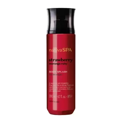 Frasco vermelho com tampa preta de body splash nativaSPA morango ruby