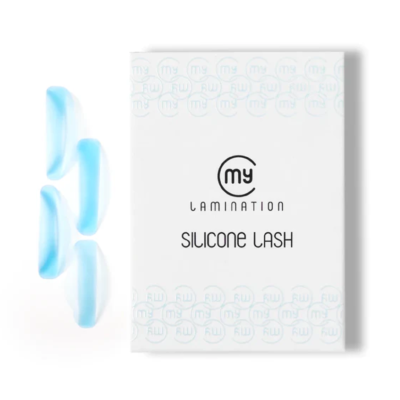 Embalagem branca com texto preto 'my LAMINATION SILICONE LASH' e três moldes de silicone azuis