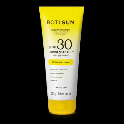 Tubo de protetor solar corporal BOTI.SUN FPS 30 em embalagem branca e amarelo