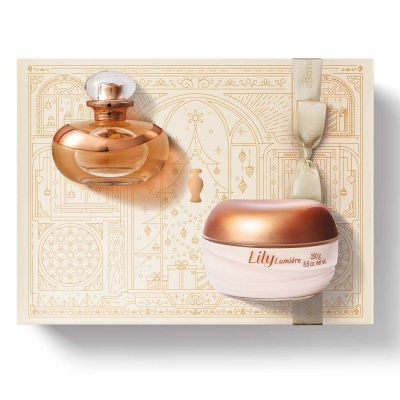 Conjunto de perfume e creme Lily Lumière em caixa decorativa bege com detalhes dourados