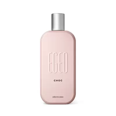 Frasco de perfume cor de rosa claro com tampa prateada e texto EGGO CHOC oBOTICARIO