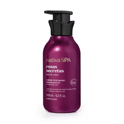 Creme perfumado desodorante Nativa SPA Rosas Secretas em embalagem roxa com pump preto
