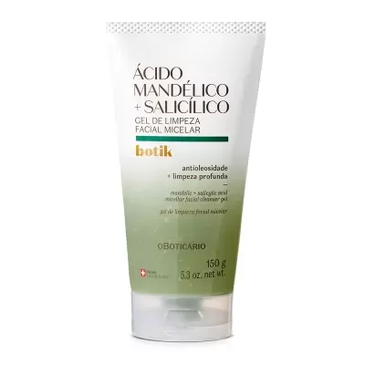Gel de limpeza facial micelar Ácido Mandélico e Salicílico em embalagem plástica verde e branca