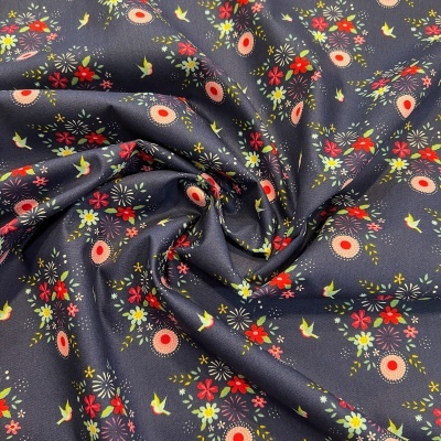 Tecido Poppy | Birdy Flowers - Azul Escuro