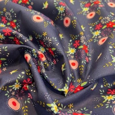 Tecido Poppy | Birdy Flowers - Azul Escuro