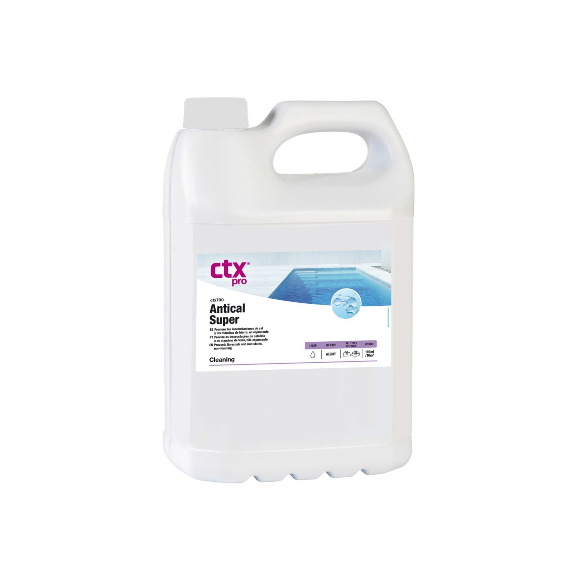 CTX-700 Super anticalcário Garrafão plástico branco com pega e tampa, rótulo com imagem de piscina e texto