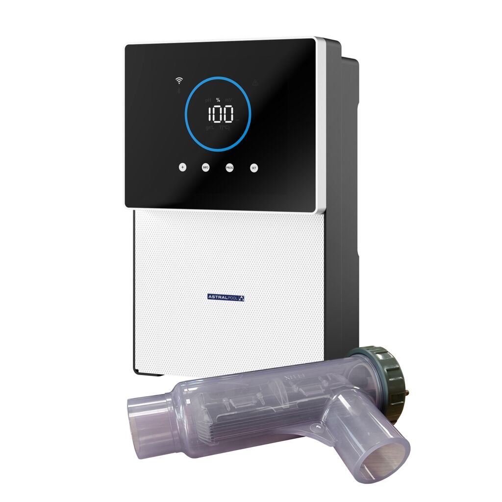 Astralpool Energy Connect Sistema de controlo de piscina preto e branco com visor digital e tubo transparente