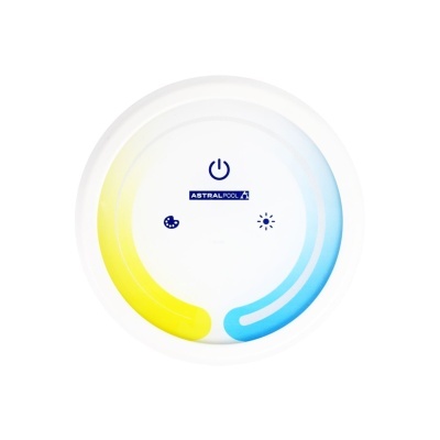 Controlo digital redondo branco com ícones e anéis amarelo e azul