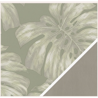 Papel de parede com padrão de folhas grandes verdes e cinzentas em fundo verde-oliva