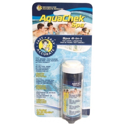 Produto AquaChek Spa tiras de teste para spa em embalagem azul e branca com imagem de pessoas no spa.